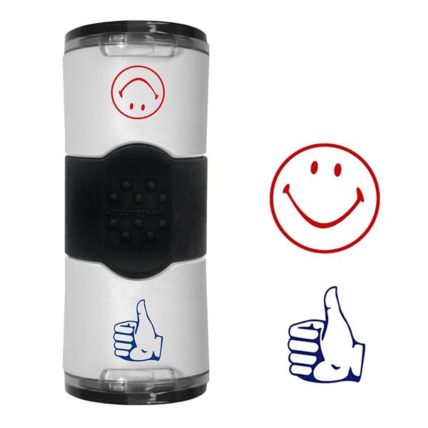 ACCU-STAMP  Dual Message Round Stamp, Thumbs Up/Smiley, 5/8" impression, Red and Blue (032934)