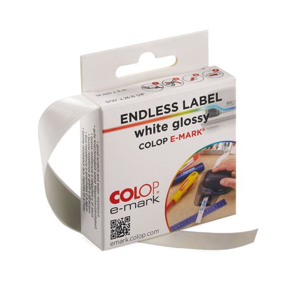 e-mark COLOP e-mark Digital Marking Device Endless Self-Adhesive Labels, Glossy Transparent Labels, 14mmx8m (.59inx26ft), 1 roll (039216), White