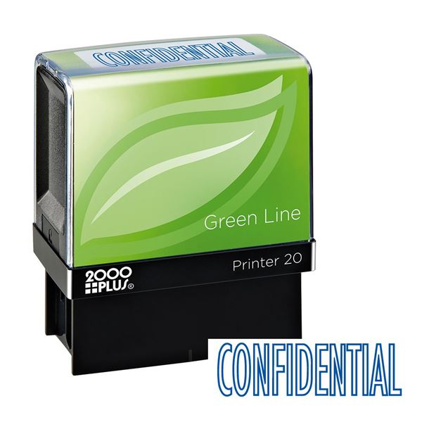 2000 PLUS Green Line Self-Inking Message Stamp, CONFIDENTIAL, 80% Recycled, 1 1/2" x 9/16" impression, Blue Ink (098374)