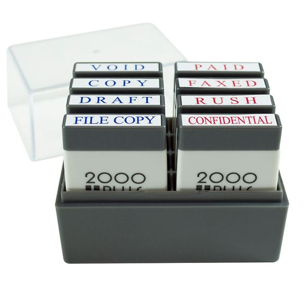 2000 PLUS Mini Message Stamp Set with Storage Tray, Pre-Ink and Self-Ink, for Business and Office, 8 Messages, Red and Blue Ink (030219)