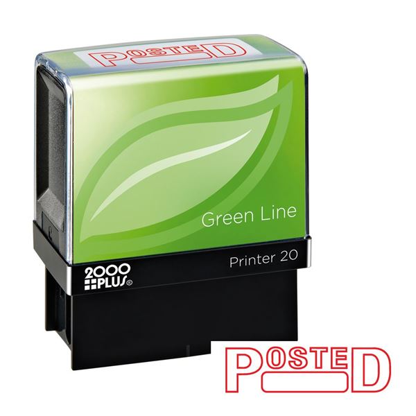 2000 PLUS Green Line Self-Inking Message Stamp, POSTED, 80% Recycled, 1 1/2" x 9/16" Impression, Red Ink (098371)