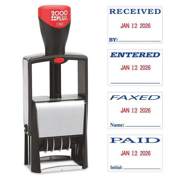 2000 PLUS 4-In-1 Message Date Stamp, ENTERED, FAXED, RECEIVED, PAID, Self-Inking, 1"-3/4" x 1-1/8" impression, Red and Blue Ink (011035)