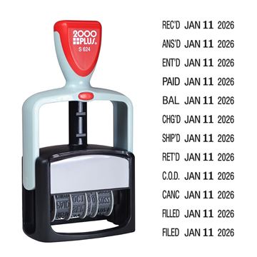 Cosco 2000 PLUS Self-Inking Date and 12 Phrase Stamp, REC'D, ENT'D, ANS'D, PAID, SHP'D, CHG'D, BAL, CANC, C.O.D., FILLED, FILED, RET'D, 3/16" x 1-3/4" impression, Black Ink (0110290