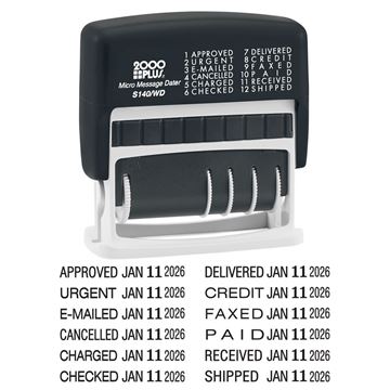 2000 PLUS® 12-in-1 Micro Date and Message Stamp, 12 Phrases, 1-7/8" x 3/8" Impression Area, Black (010072)