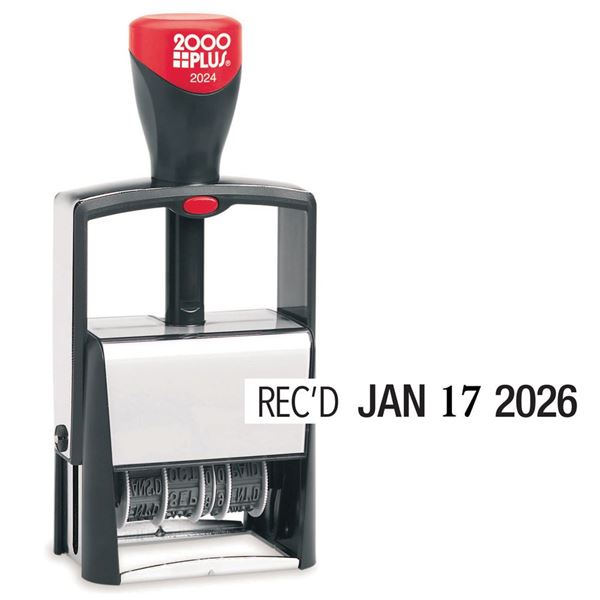 2000 PLUS Self-Inking 12-in-1 Self-Inking Date and Phrase Stamp, REC'D, ANS'D, ENT'D, PAID, BAL, CHG'D, SHIP'D, RET'D, C.O.D., CANC, FILLED, FILED, 1-3/4" x 1/4" Impression, Black Ink (011227)