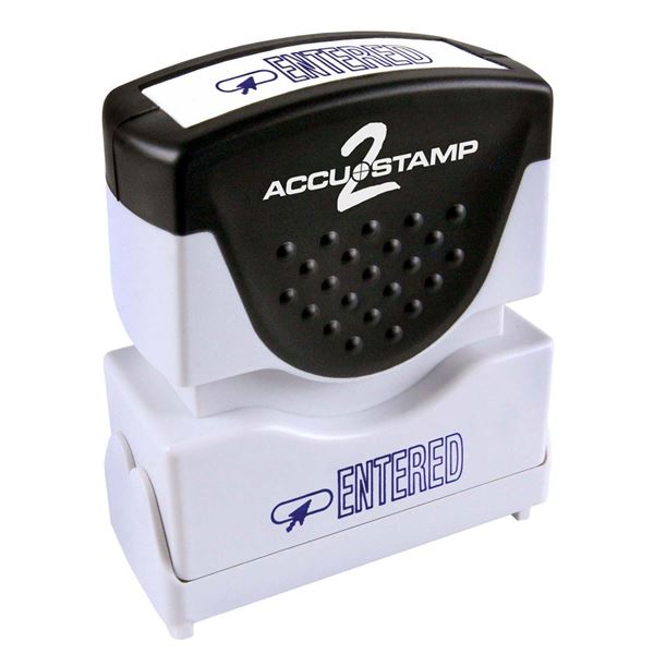 AccuStamp 2 Message Stamp with Shutter, 1-Color, ENTERED, 1-5/8" x 1/2" Impression, Pre-Ink, Blue Ink (035573)