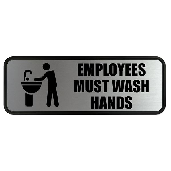 COSCO Business Sign, Brushed Metallic, EMPLOYEES MUST WASH HANDS, 9" x 3" (098205)