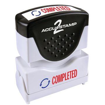 AccuStamp 2 Message Stamp with Shutter, 2-Color, COMPLETED, 1-5/8" x 1/2" Impression, Pre-Ink, Red and Blue Ink (035538)