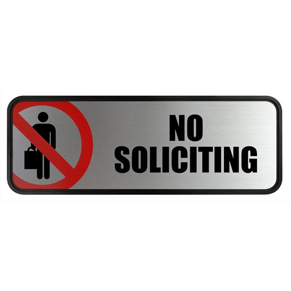 COSCO Business Sign, Brushed Metallic, NO SOLICITING, 9" x 3" (098208)