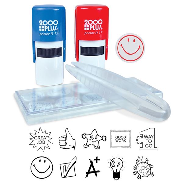 COSCO Deluxe Teacher Stamp Kit, Self-Inking, 10 Messages & Symbols, for Classrooms, Teachers and Kids, Red and Blue Ink (030360)