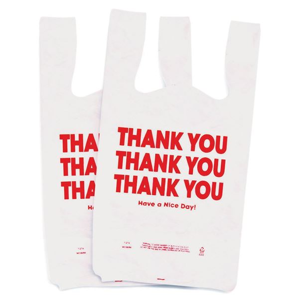 Cosco Universal 63036 Plastic "Thank You" Shopping Bag, 11.5 x 3.15 x 22, 0.55 mil, White/Red (Box of 250)