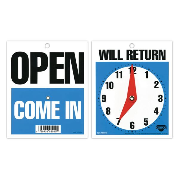 Cosco Sign, “Will Return” Sign with Clock and “Open, Come In” on Back, for Business, Store, Retail, Office, Bars and Salons (098010)