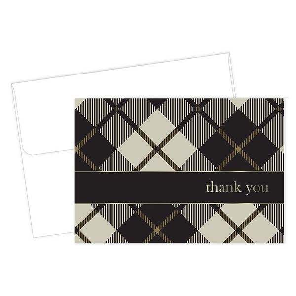 Great Papers!, Black Plaid with Gold Foil Thank You Note Card and Envelope, 24 note cards and 24 envelopes, 4.875" x 3.375" (2015071)