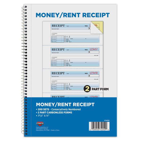 COSCO Business Forms  2-Part Carbonless, Money/Rent Receipt,Consecutively Numbered, 7.25" x 11", Spiral Bound, 200 sets (074050)