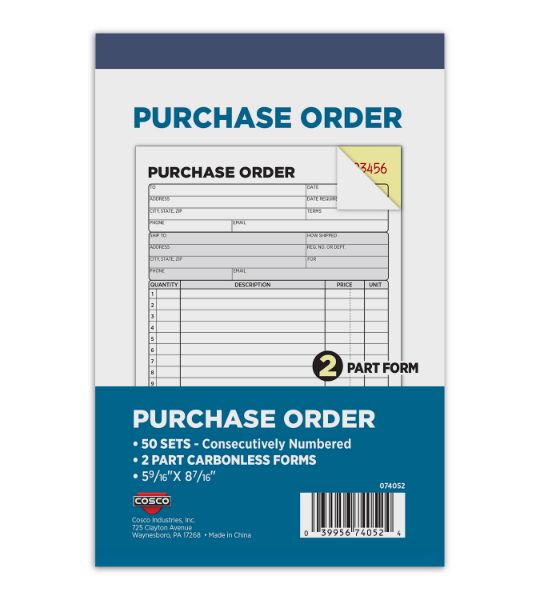 COSCO Business Forms 2-Part Carbonless Purchase Order, 5.5625" x 8.4375", 50 Sets/Book (074052)