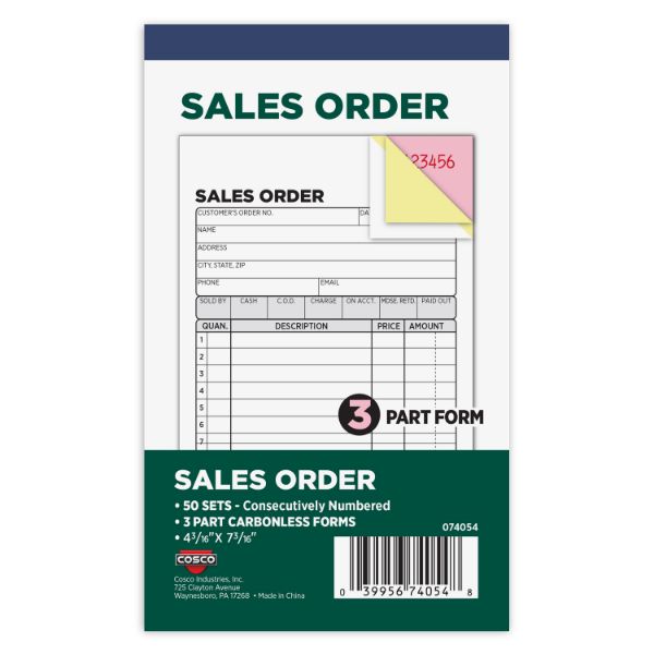 COSCO Business Forms 3-Part Carbonless Consecutively Numbered, Sales Order, 4.1875" x 7.1875", 50 Sets (074054)