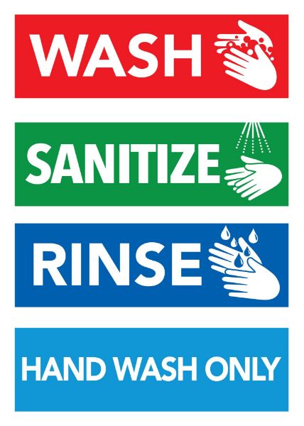 Cosco Wash, Rinse, Sanitize, Hand Wash Only Sink Decal Set with Symbols 2.75" x 9" Food Service Sink Labels 4 Pack for Commercial Kitchen Use (098560)